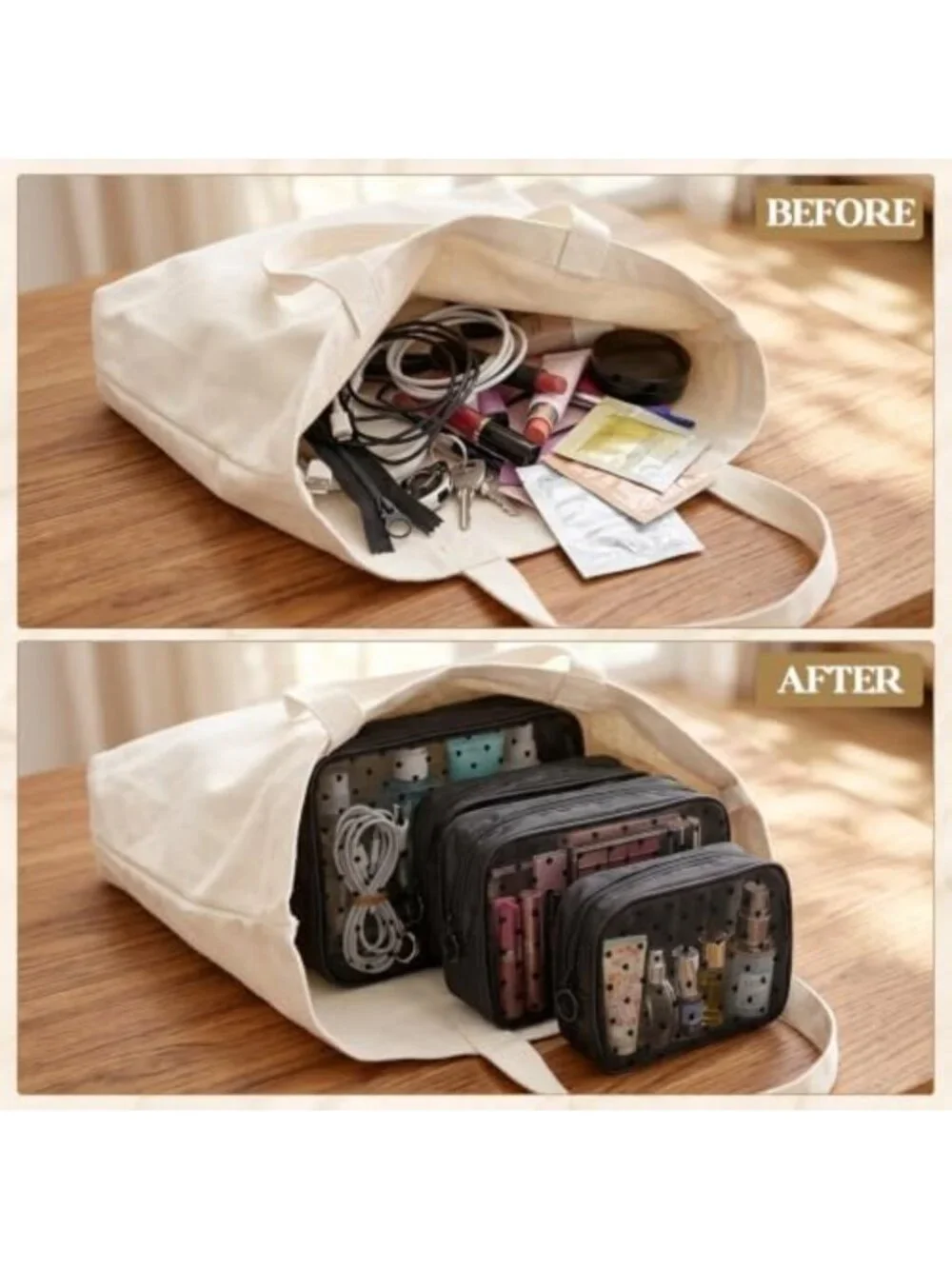 4 Pcs Heart Mesh Toiletry Bags Set - Makeup Organizer, 3 Sizes, Black
